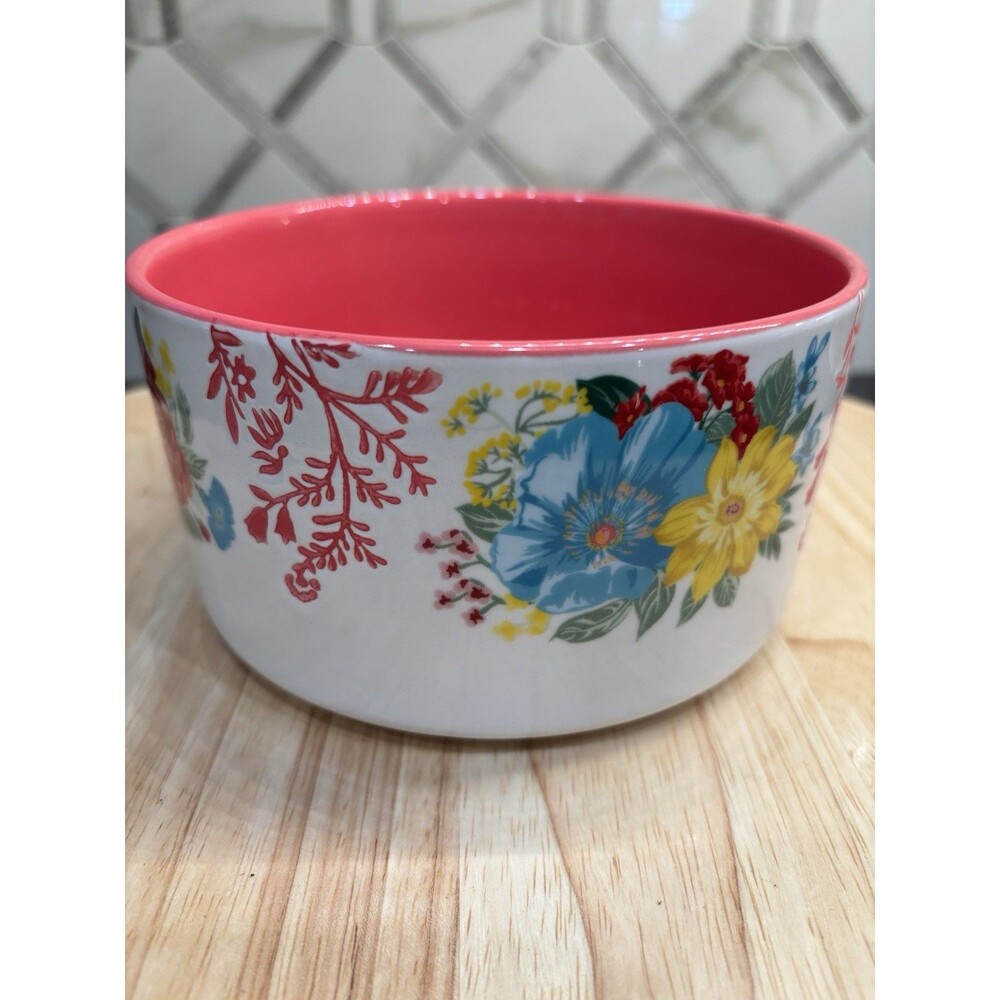 The Pioneer Woman Floral Stoneware Mixing Serving Bowl Red Interior 6” Textured